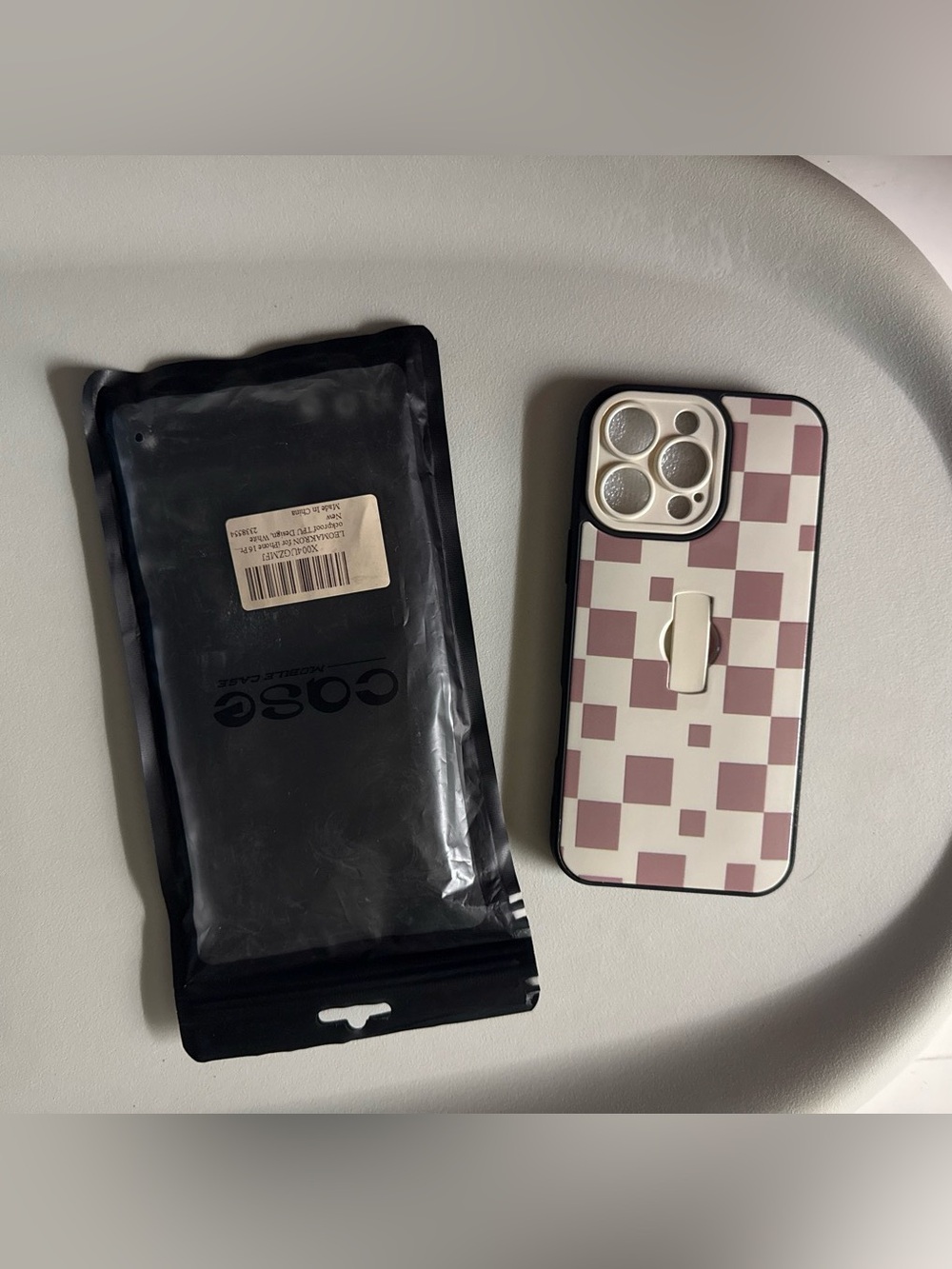 Stylish Tan Checker Phone Case with finger loop